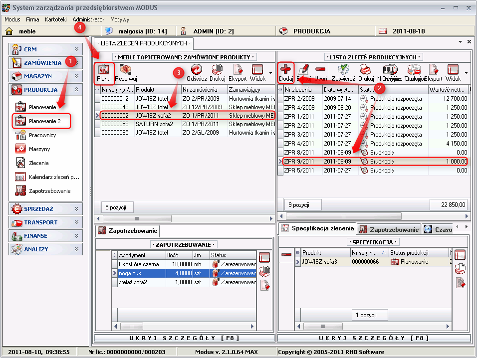 Ekran: Planowanie produkcji 
