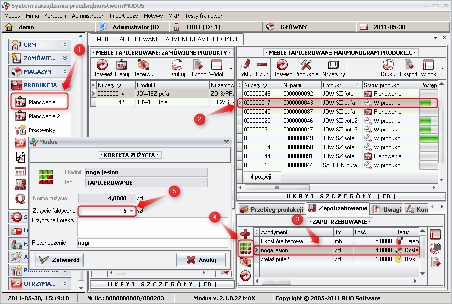 Ekran: Korekta zużycia surowca 