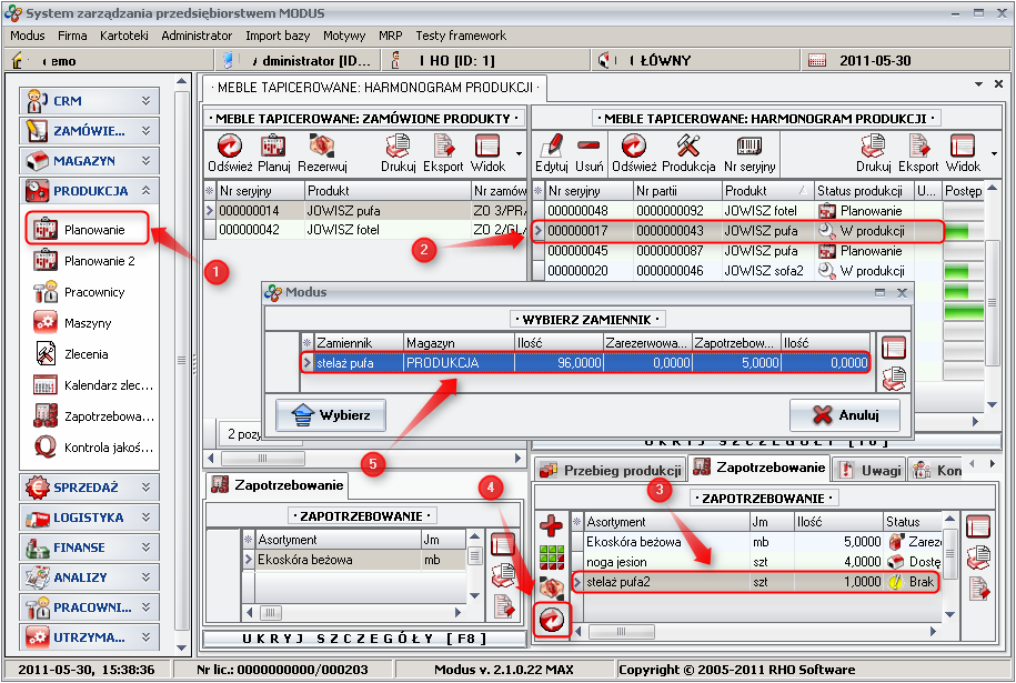 Ekran: Zastępowanie surowca zamiennikiem 