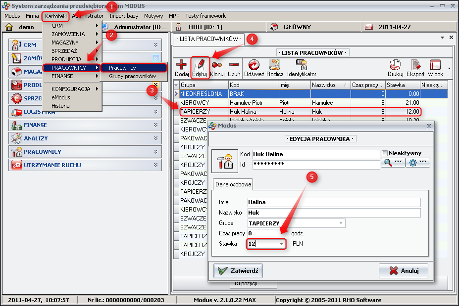 Ekran: Konfiguracja stawki godzinowej pracownika 