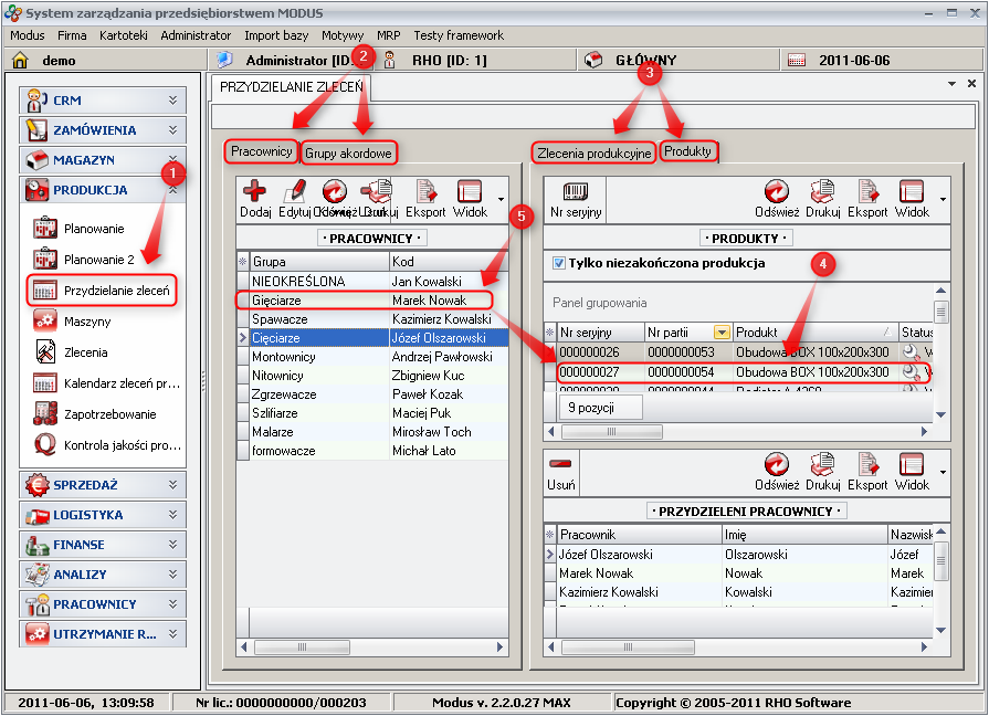 Ekran: Przydzielanie pracownika do zlecenia produkcyjnego