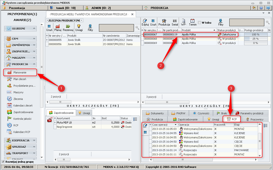 Ekran: Zakładka RCP