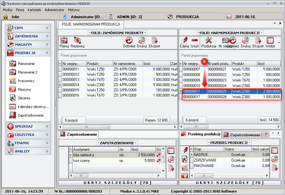 Ekran: Ilość zaplanowana do produkcji po użyciu funkcji rozdziel ilość 
