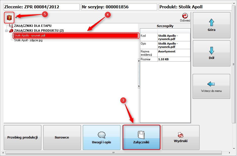 Ekran: Załączniki na terminalu 