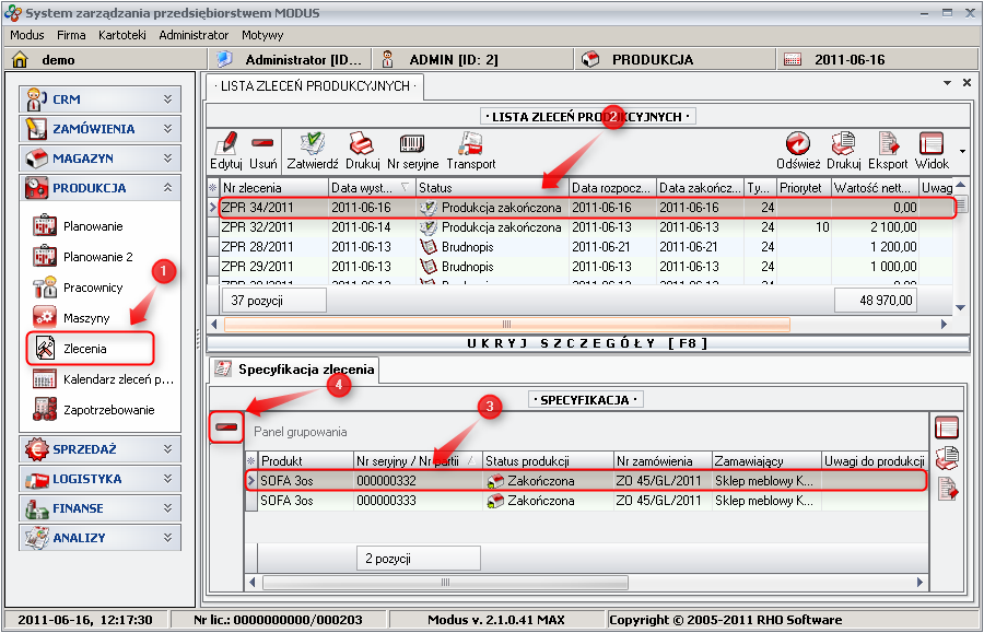 Ekran: Usuwanie produkcji zakończonej