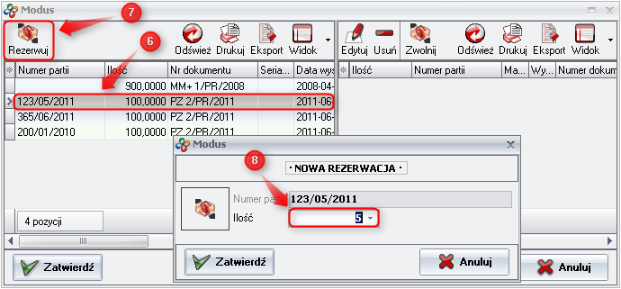 Ekran: Wybór partii magazynowej do rezerwacji surowca 