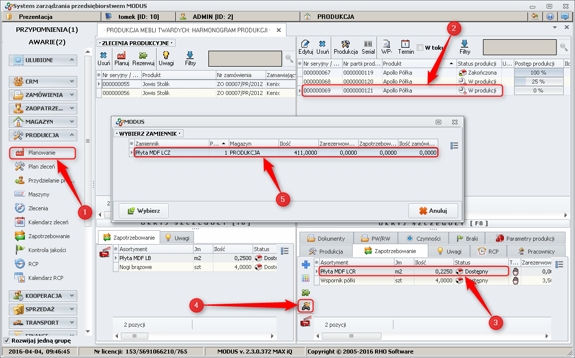 Ekran: Zastępowanie surowca zamiennikiem 