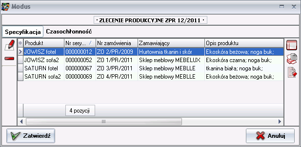 Ekran: Zlecenie produkcyjne ZPR - specyfikacja 
