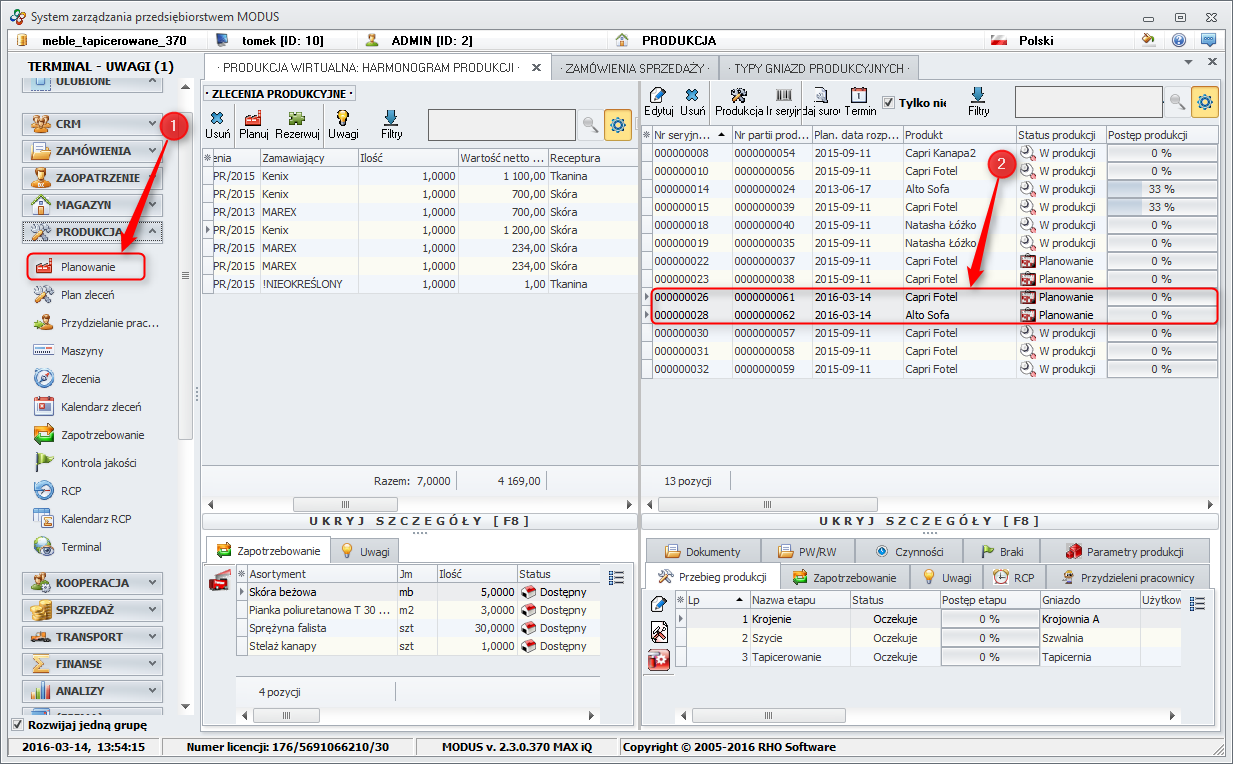 Ekran: Zaznaczenie produktów do zmiany gniazda produkcyjnego 
