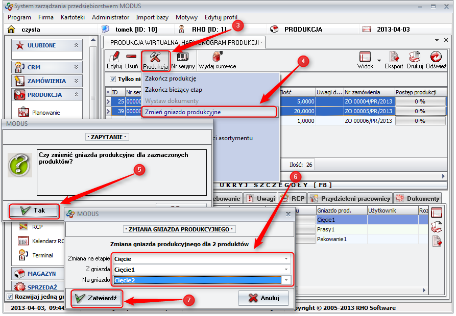 Ekran: Zmiana gniazda produkcyjnego 