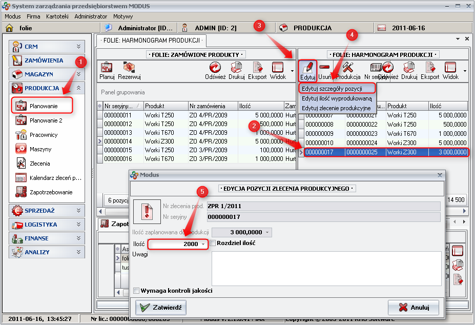 Ekran: Zmiana ilości zaplanowanej do produkcji 