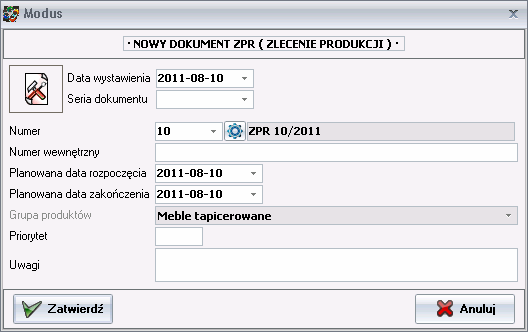 Ekran: Nowy dokument ZPR 