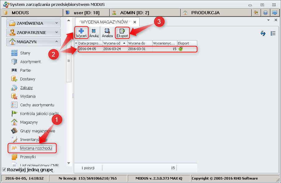 Ekran 2: Eksport dokumentów magazynowych