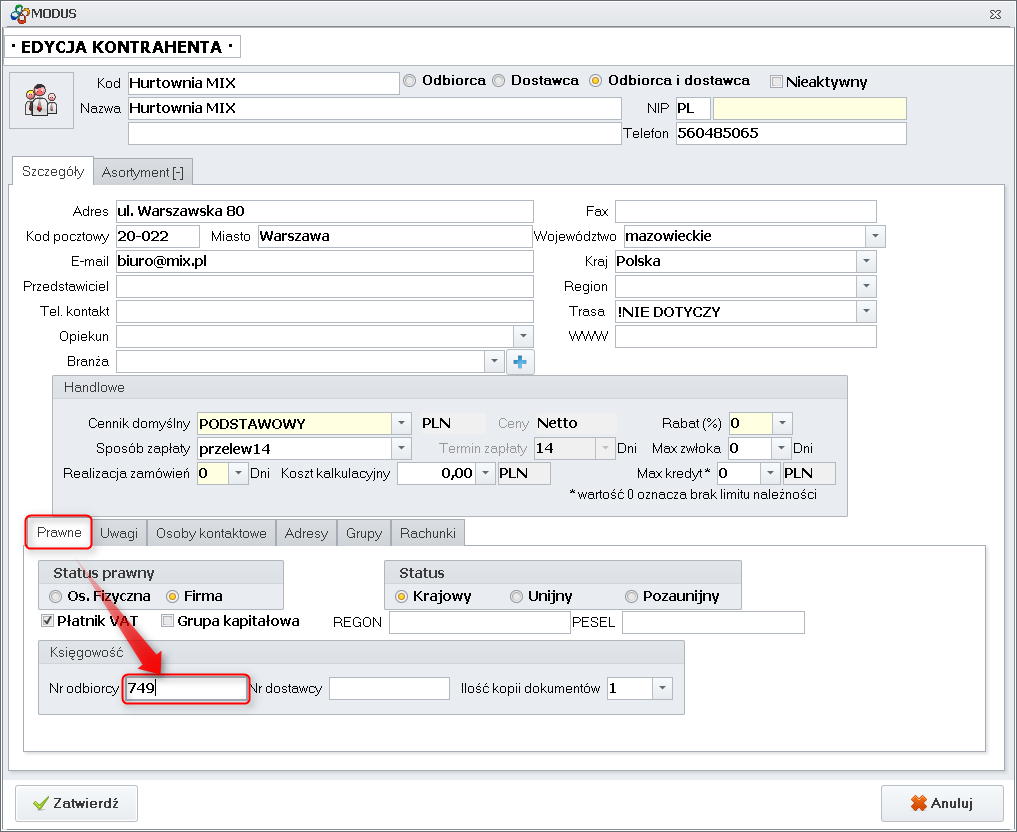 Ekran 1: Nr księgowy kontrahenta