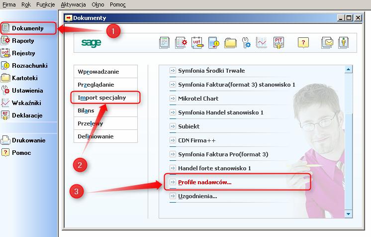 Ekran 1: Profile nadawców w programie Symfonia
