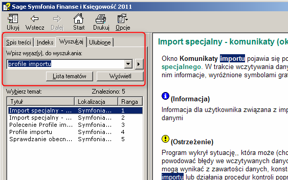 Ekran 3: Pomoc na temat profili importu w programie Symfonia