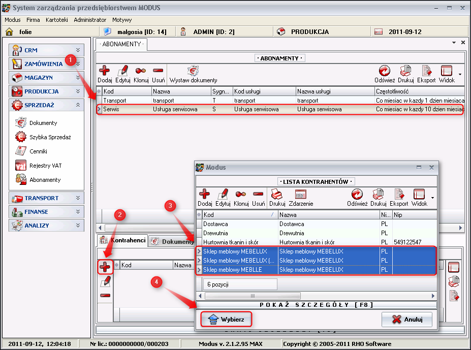 Ekran: Wybór kontrahentów do abonamentu 