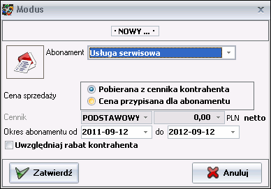 Ekran: Parametry abonamentu 