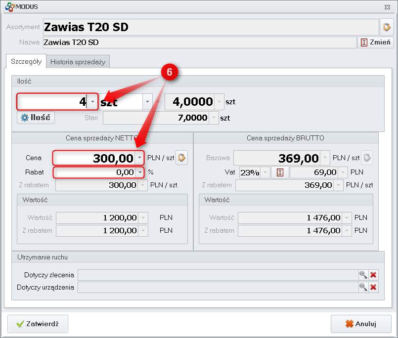 Ekran: Określenie ceny asortymentu
