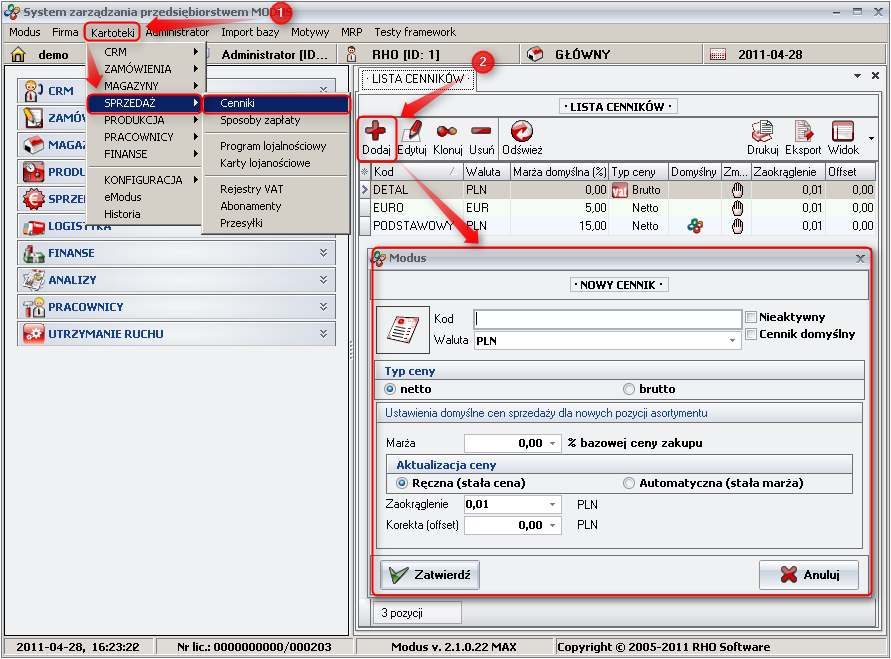 Ekran: Tworzenie cennika 