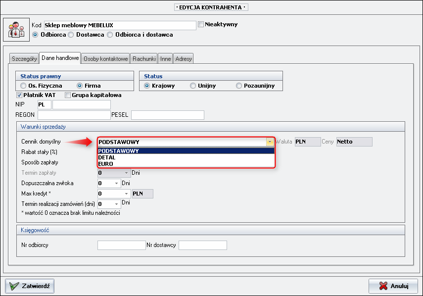 Ekran: Przypisanie cennika kontrahentowi 
