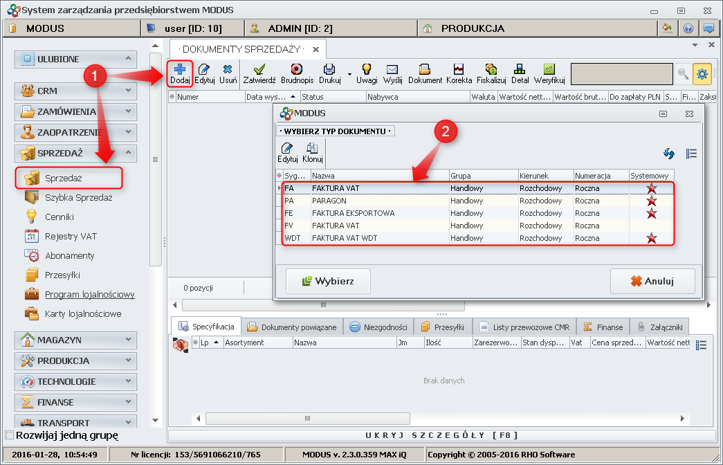 Ekran: Tworzenie dokumentu sprzedaży