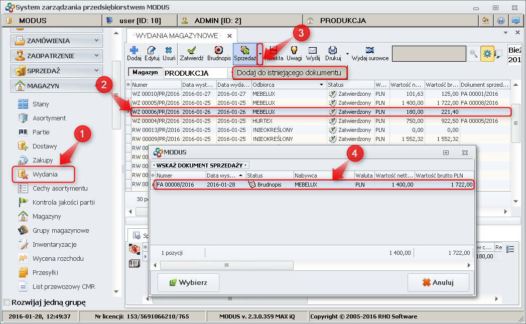 Ekran: Podpięcie kolejnego dokumentu WZ do faktury