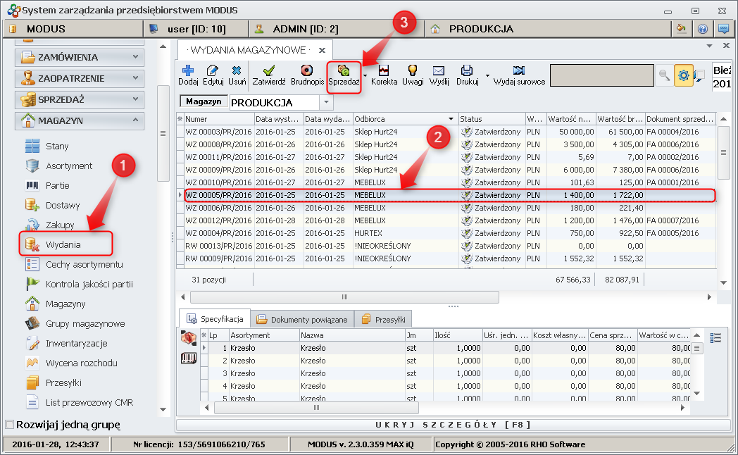 Ekran: Tworzenie dokumentu sprzedaży na na podstawie dokumentu WZ