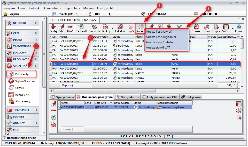 Generowanie korekty faktury sprzedaży