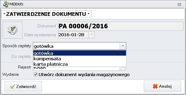 Ekran:Zatwierdzenie dokumentu PA przy domyślnej konfiguracji