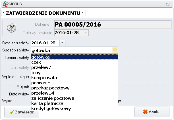 Ekran: Zatwierdzenie dokumentu PA przy dostępnych wszystkich sposobach zapłaty