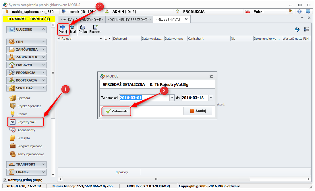 Ekran: Sporządzanie rejestru VAT 