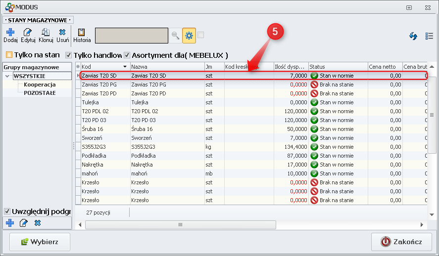 Ekran: Wybór asortymentu