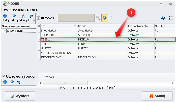 Ekran: Wybór kontrahenta