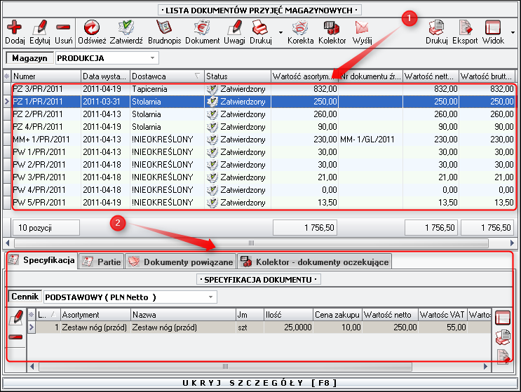 Ekran: Okna typu lista: nadrzędna i zależna 