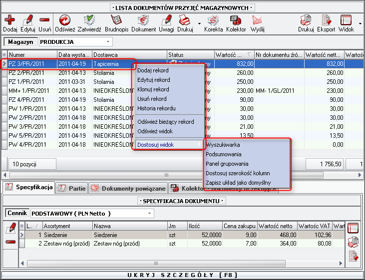 Ekran 13: Menu kontekstowe 