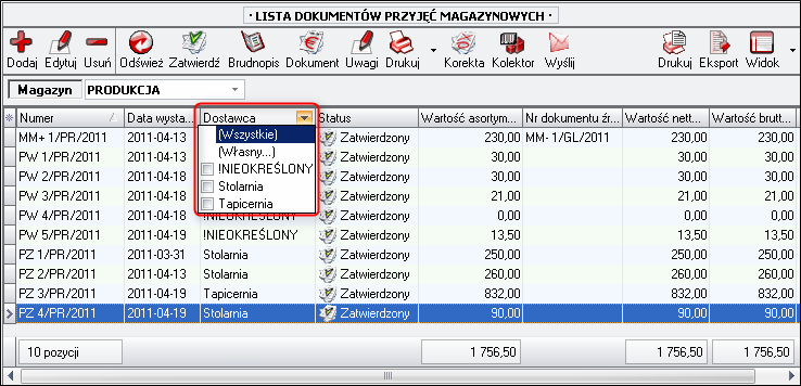 Ekran: Filtrowanie po pozycjach kolumn  