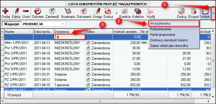 Ekran: Panel wyszukiwania