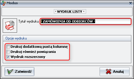 Ekran 8: Opcje wydruku listy