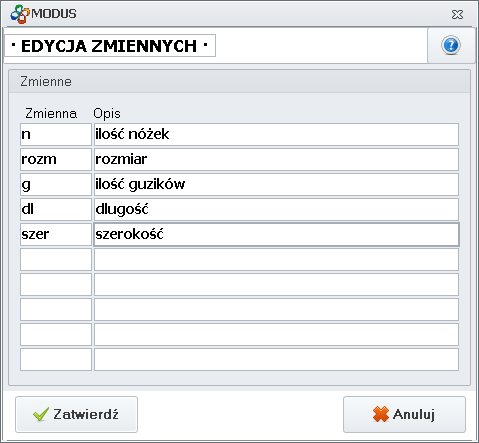 Ekran: Karta - Edycja zmiennych