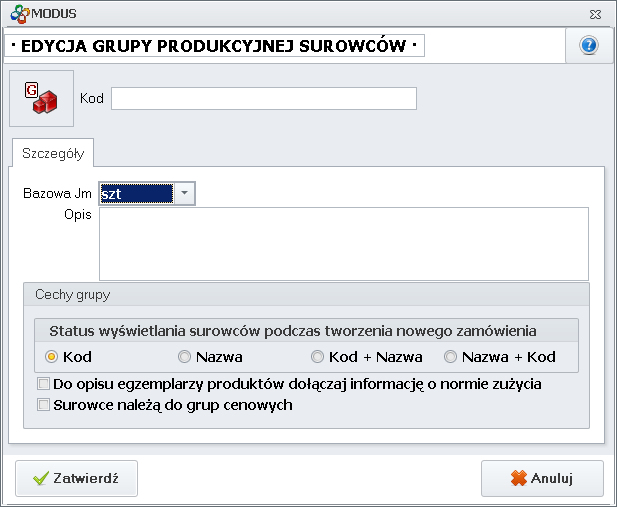 Edycja grupy produkcyjnej surowców