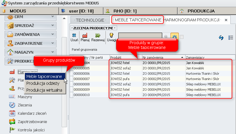 Grupy produktów w harmonogramie produkcji 