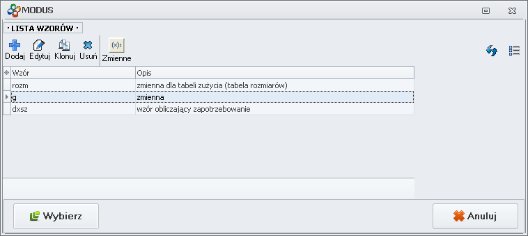 Ekran: Lista wzorów