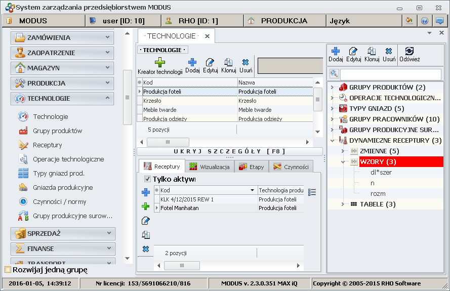Ekran: Lista wzorów (moduł Technologie)