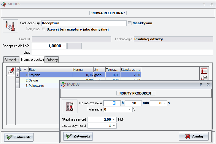Ekran: Zakładka Normy produkcji