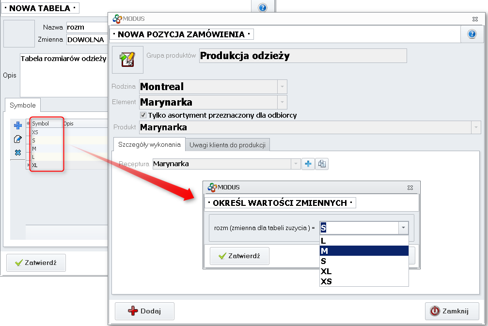 Ekran: Karta tabeli oraz zamówienie produktu z tą tabelą
