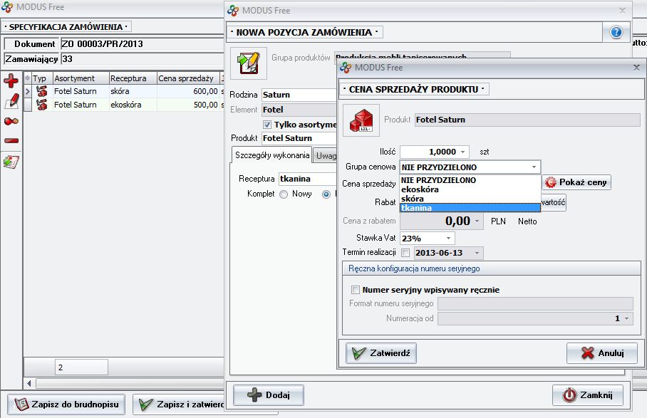 Pierwsze zamówienie produktu ze zdefiniowanymi grupami cenowymi 