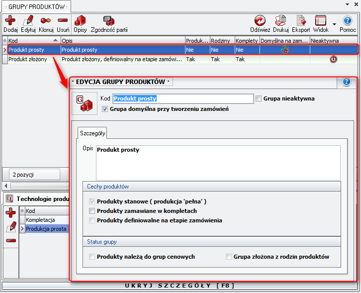Ekran: Produkcja betonu - grupa produktów