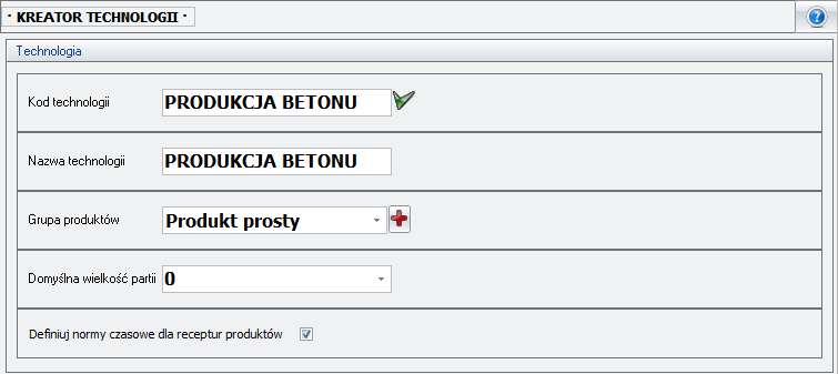 Ekran: Produkcja betonu - definiowanie technologii produkcji