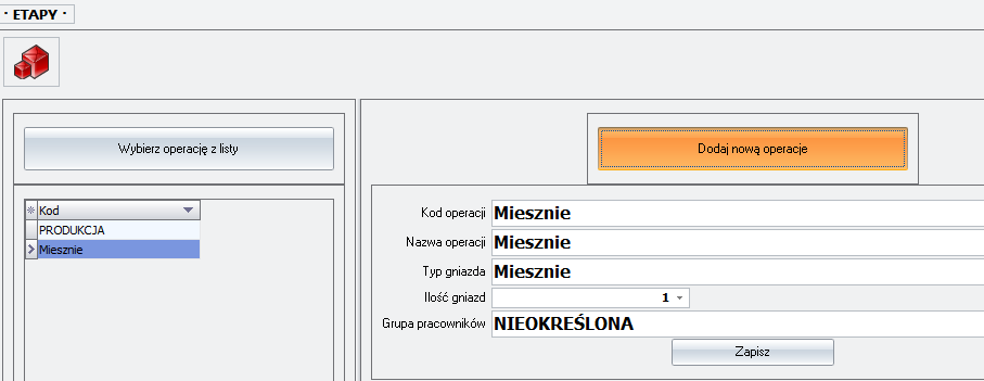 Ekran: Produkcja betonu - definiowanie operacji technologicznych